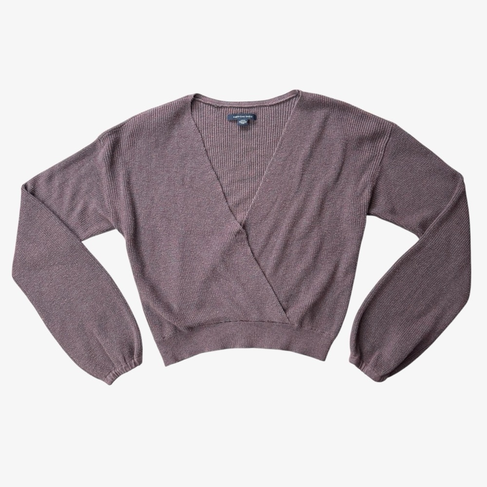 American Eagle Women’s Long Sleeve Cropped Knit V-Neck Sweater, Brown, Small